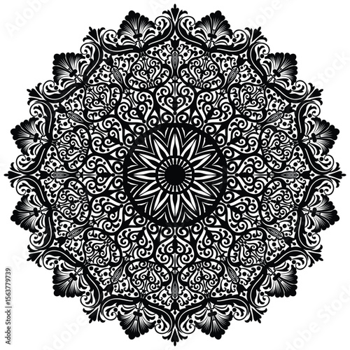 Decorative pattern in oriental style. Black complex doodle mandala on a transparent background, for printable coloring book.   
