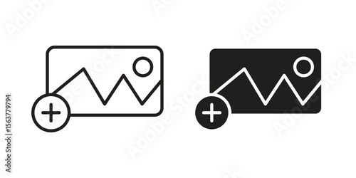 Add photos icon. Flat and stroke versions. Graphic elements.