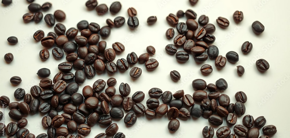 Obraz premium Dark roasted coffee beans adrift on a light background, aroma, texture