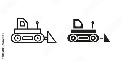 Bulldozer icon. Flat and stroke versions. Graphic elements.