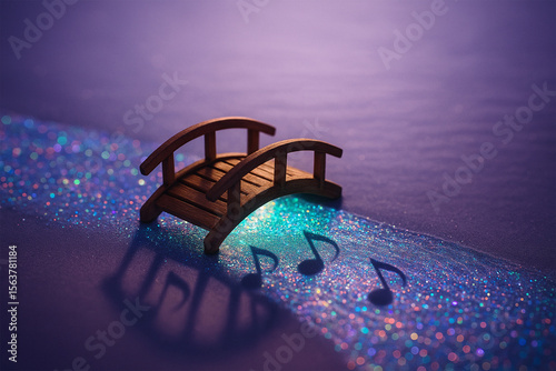 Miniature Wooden Bridge over Glittering River with Music Notes - Harmony & Creativity