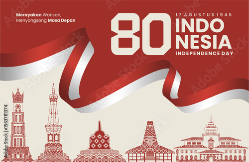 Indonesia 80th Independence Day Banner with Cultural Landmark Line Art and Red White Ribbon