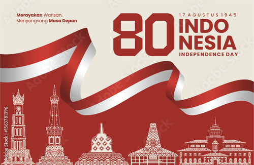 Indonesia 80th Independence Day Banner with Cultural Landmark Line Art and Red White Ribbon