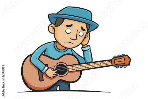 A sad cartoon character wearing a blue hat and shirt looking dejected while holding an acoustic guitar