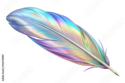 Iridescent feather with holographic colors isolated on transparent background