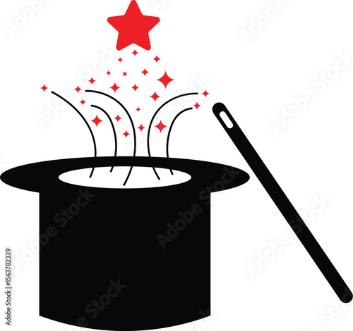 Magic trick with a top hat and wand image clipart.