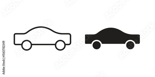 Compact car icon. Flat and stroke versions. Graphic elements.