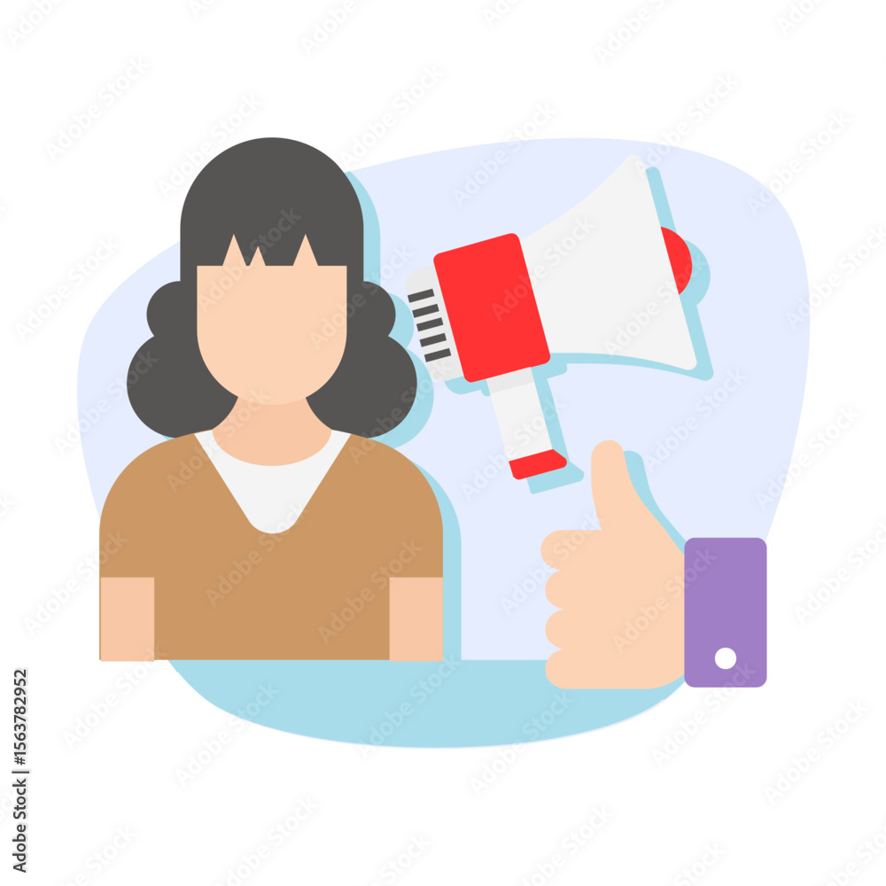 Brand Advocacy or Digital Endorsement concept, spokesperson spreading messages vector design, Social Media Marketing Sign, Online business symbol, Girl promoting stock illustration Brand Advocacy or Digital Endorsement concept, spokesperson spreading messages vector design, Social Media Marketing Sign, Online business symbol, Girl promoting stock illustration