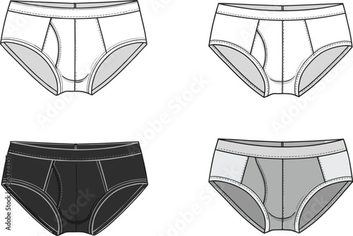Men’s briefs front and back sketch set, multiple styles with seam variations, technical fashion illustration, underwear template design, garment layout