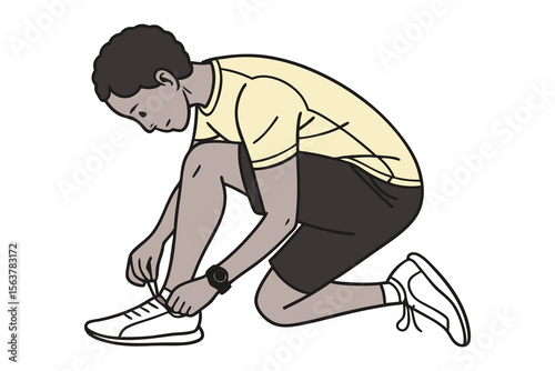 Young person with afro hair wearing athletic clothing ties shoelaces on a white background while wearing a smartwatch