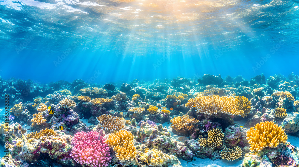 Naklejka premium Vibrant underwater scene showcasing a diverse coral reef teeming with life, bathed in sunlit beams penetrating the crystal-clear ocean water.