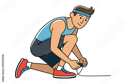 A smiling cartoon man wearing athletic clothing and a headband kneels down to tie his red running shoes preparing for exercise