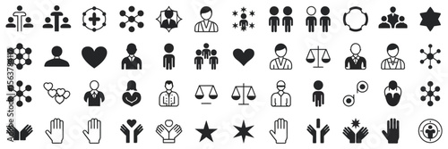 Flat icon set of gender equality, teamwork, unity, justice, human connection, inclusion, diversity, and social collaboration themes for human rights and community projects