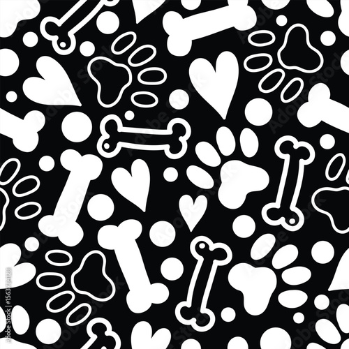 Dog seamless pattern with paws, bones, hearts.Cartoon kawaii cute style. Can be used in textile industry, paper, background, scrapbooking.Vector.