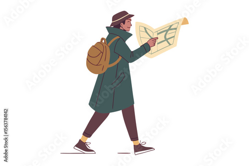 Adventurous traveler with a backpack and hat consults a folded map while exploring an unknown destination on foot