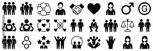 Icon set representing gender equality, community teamwork, diversity, inclusion, collaboration, human rights, justice, unity, partnership, and social connection themes