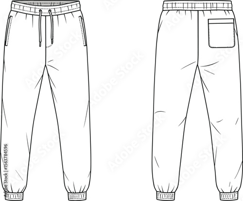 Jogger pants technical sketch front and back view, zipper pockets, elastic cuffs, drawstring waistband design, fashion template, garment illustration