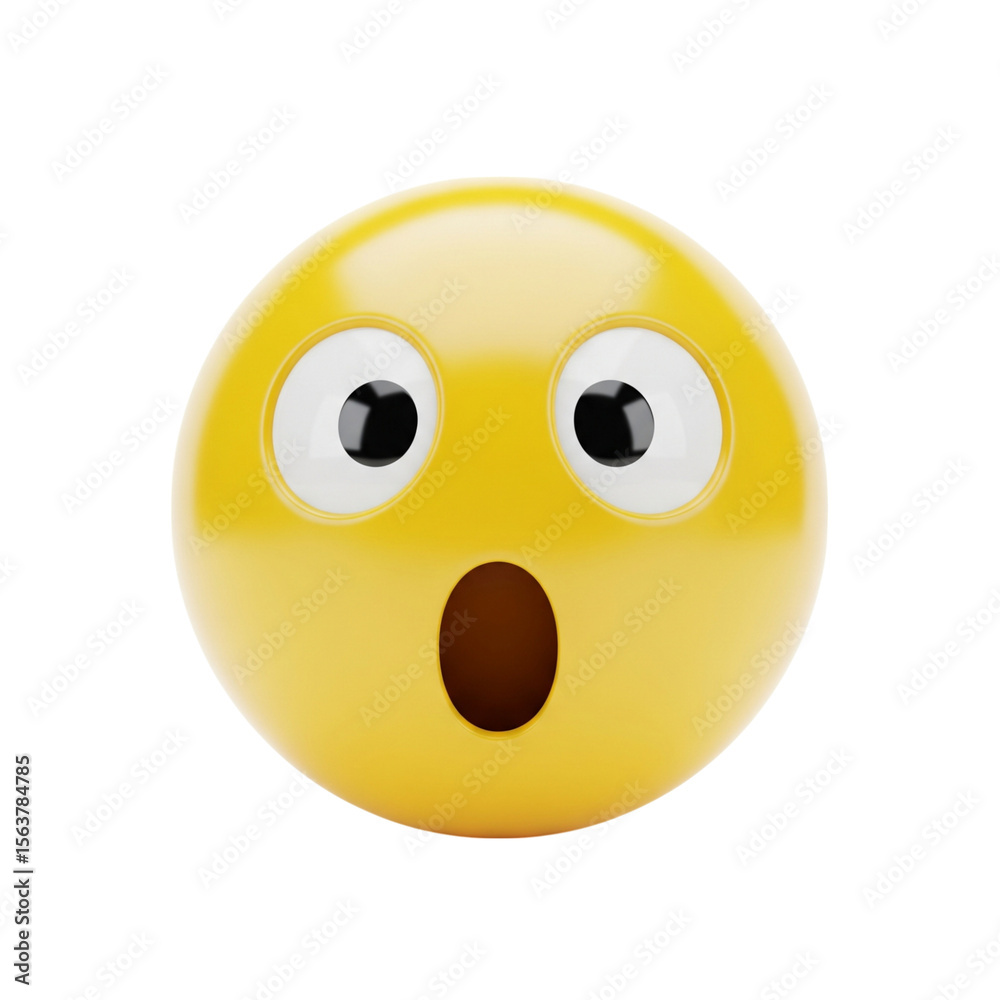 Fototapeta premium Astonished yellow emoji with wide eyes and open mouth on black background conveys shock, surprise, and amazement.
