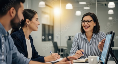 Colleagues collaborating positively in a modern office environment discussing business ideas