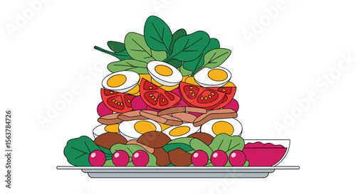A towering multi-layered salad creation with fresh vegetables eggs and proteins presented on a serving platter