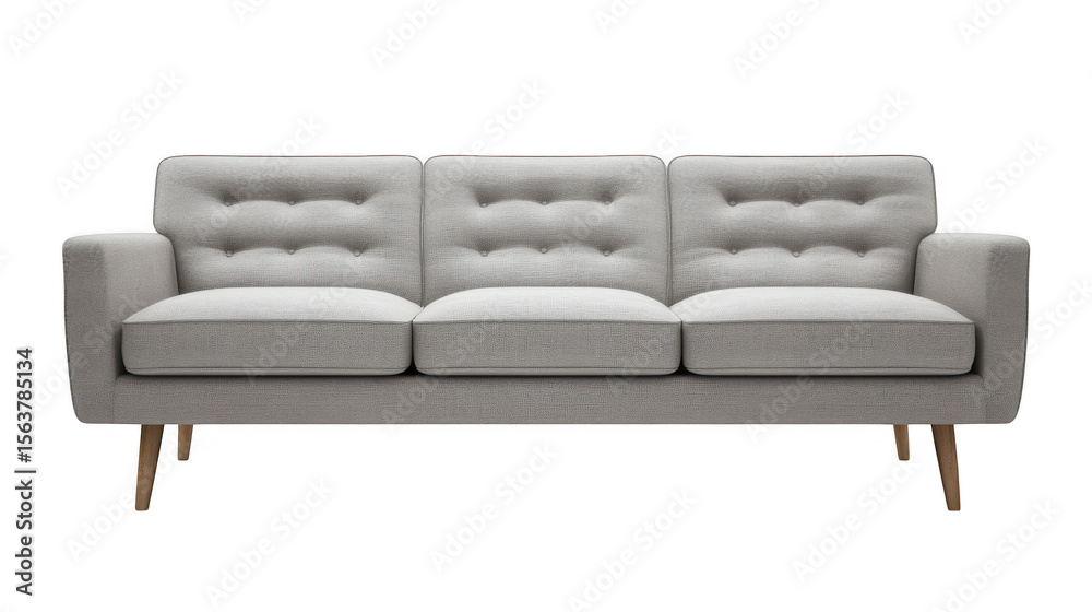 Fototapeta premium Light grey three seater sofa isolated on transparent background