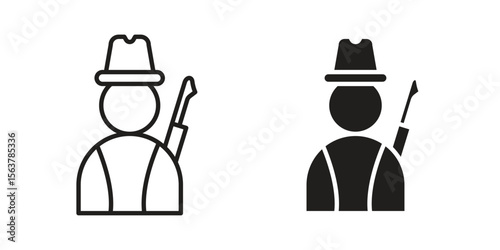 Hunter icon. Flat and stroke versions. Graphic elements.