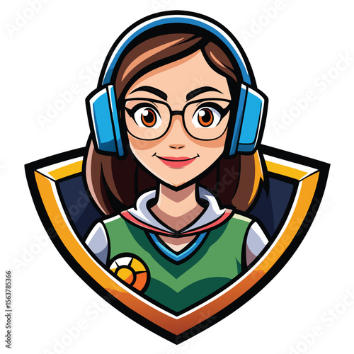 Cartoon female character with headphones and glasses, wearing a green shirt, featured on a shield-shaped emblem