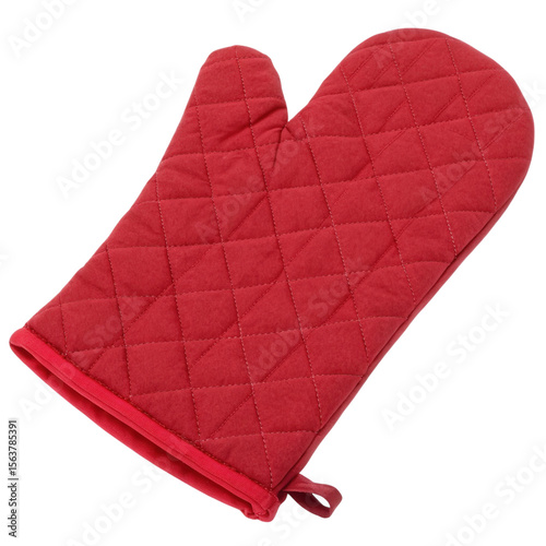 Red oven mitt isolated on a white background showcasing its quilted texture and vibrant color ideal for culinary use