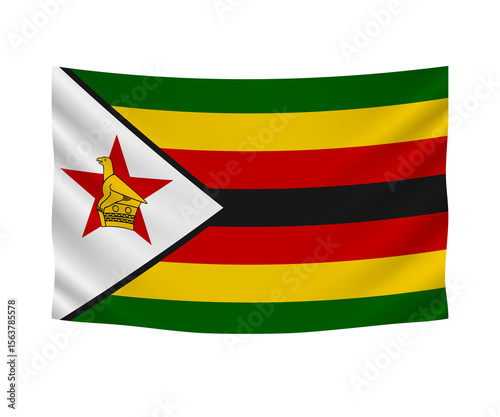 Realistic hanging flag of Zimbabwe. Empty  fabric banner illustration design.