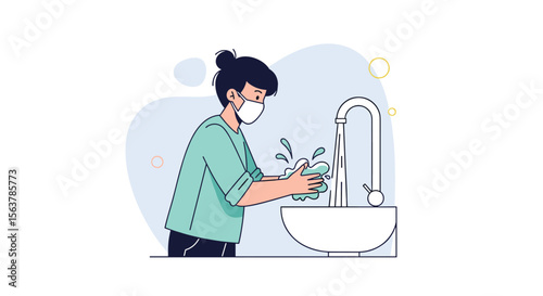 Illustration of a person wearing a face mask washing their hands thoroughly at a sink with running water and soap