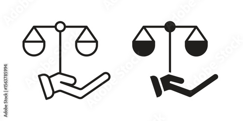 Justice scales in Hand icon. Flat and stroke versions. Graphic elements.