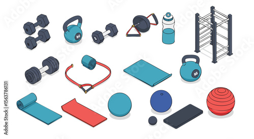 Vibrant Isometric Fitness and Gym Equipment Icons for Health and Wellness Workouts