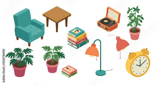 Vibrant Isometric Home Decor Elements Collection Featuring Furniture, Plants, Books, and Vintage Items