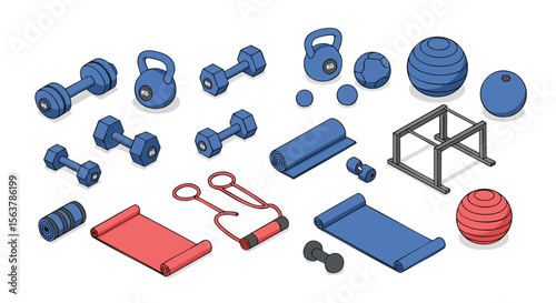 Detailed Isometric Vector Illustration of Essential Home Gym and Fitness Training Equipment