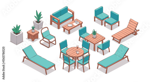 Beautiful Isometric Collection of Modern Outdoor Furniture for Garden, Patio, and Resort Living