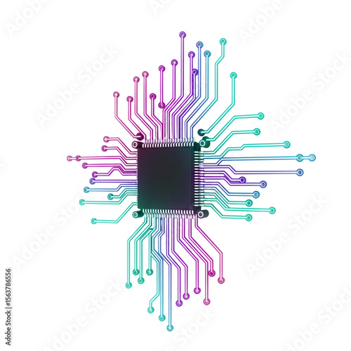 An illuminated semiconductor chip glows with pink and teal circuits against a dark backdrop, ideal for technology themes.