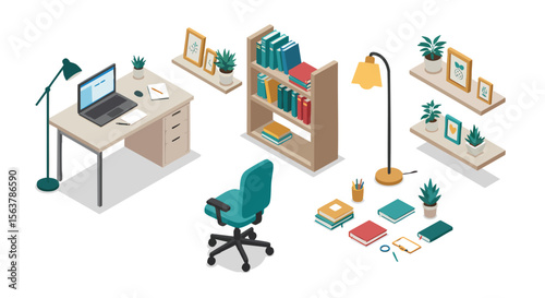 Productive And Cozy Isometric Home Office Environment With Desk, Books, And Decorative Elements
