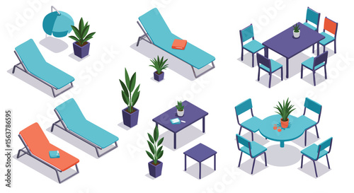 Detailed Isometric Vector Illustration Of Modern Outdoor Patio Furniture And Green Plants Collection