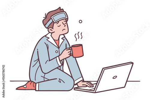 A sick person wearing pajamas and a forehead strip works on a laptop while holding a warm drink