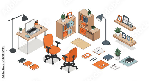 Vibrant Isometric Home Office Workspace with Modern Furniture, Laptop, Bookshelves, and Green Plants