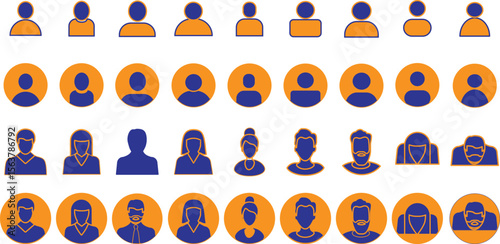 sold avatar icons set for profiles, social media, forums, featuring diverse ages, genders, professions, anonymous users, male and female vectors.