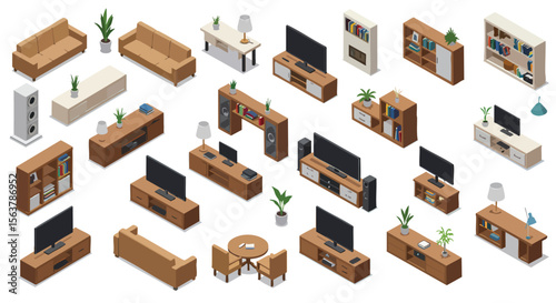 Isometric Collection of Modern Home Interior Furniture, Including Living Room, Office, and Entertainment Units