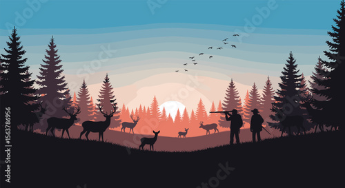 Majestic Deer Herd Grazing Peacefully Amidst a Stunning Forest Sunset Silhouette Scene