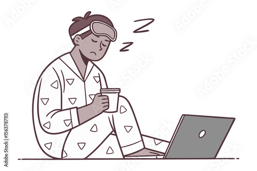 Tired person in pajamas with sleep mask holding a coffee cup while working on a laptop late at night