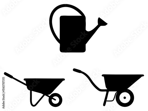 Watering can and wheelbarrow gardening tools silhouette vector illustration art