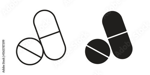 Pills icon. Flat and stroke versions. Graphic elements.