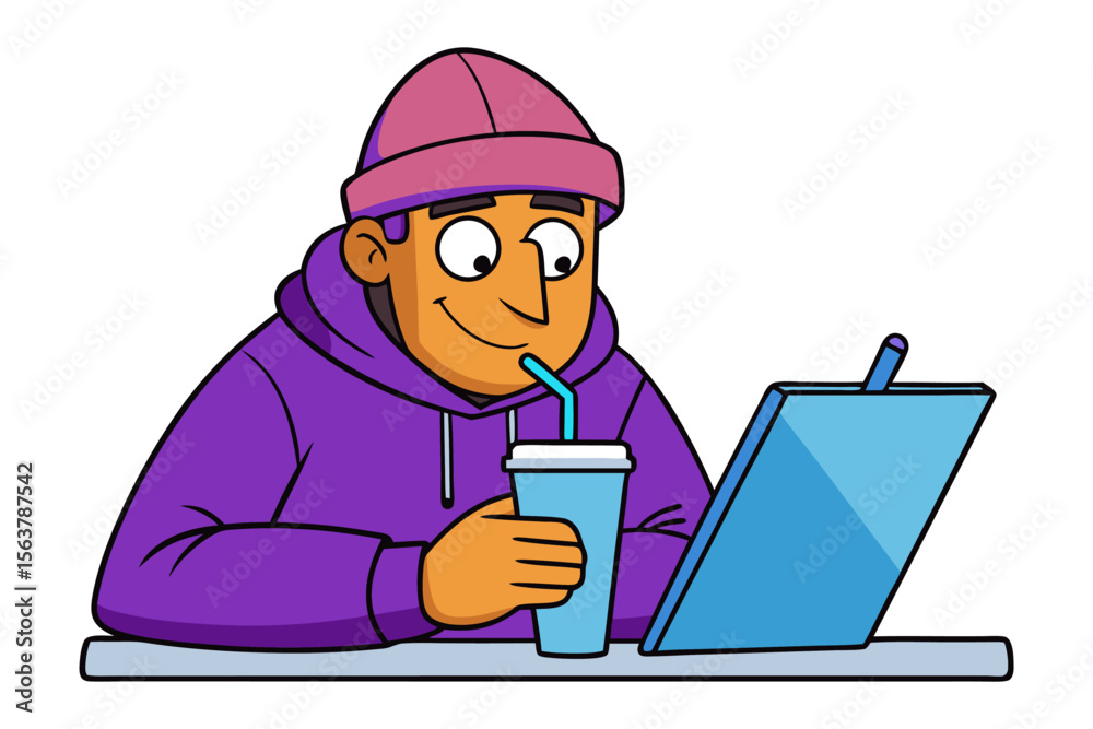Smiling cartoon character wearing a purple hoodie and pink beanie enjoys a drink while looking at a tablet device Smiling cartoon character wearing a purple hoodie and pink beanie enjoys a drink while looking at a tablet device