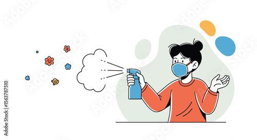 Person wearing mask spraying disinfectant to kill germs protecting themselves and others from spreading sickness illness and disease prevention concept