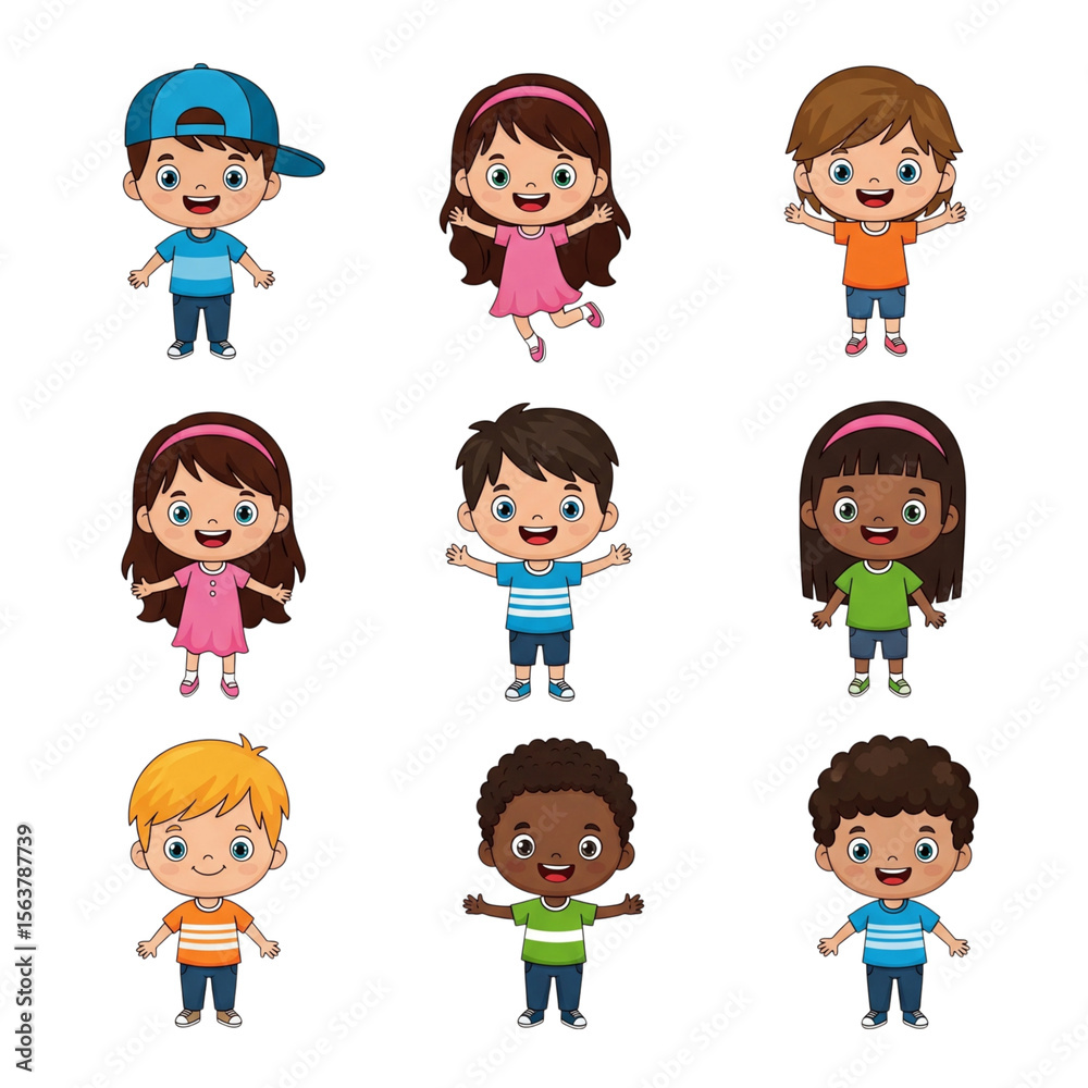 Cartoon kids characters showcase diverse ethnicities in a transparent PNG, perfect for educational or playful designs, featuring happy boys and girls. Cartoon kids characters showcase diverse ethnicities in a transparent PNG, perfect for educational or playful designs, featuring happy boys and girls.