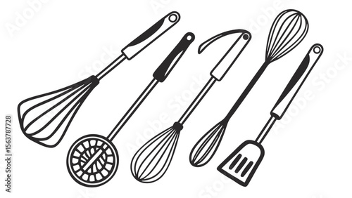Silhouette Collection of Kitchen Utensils in Various Natural Poses, Isolated on White Background